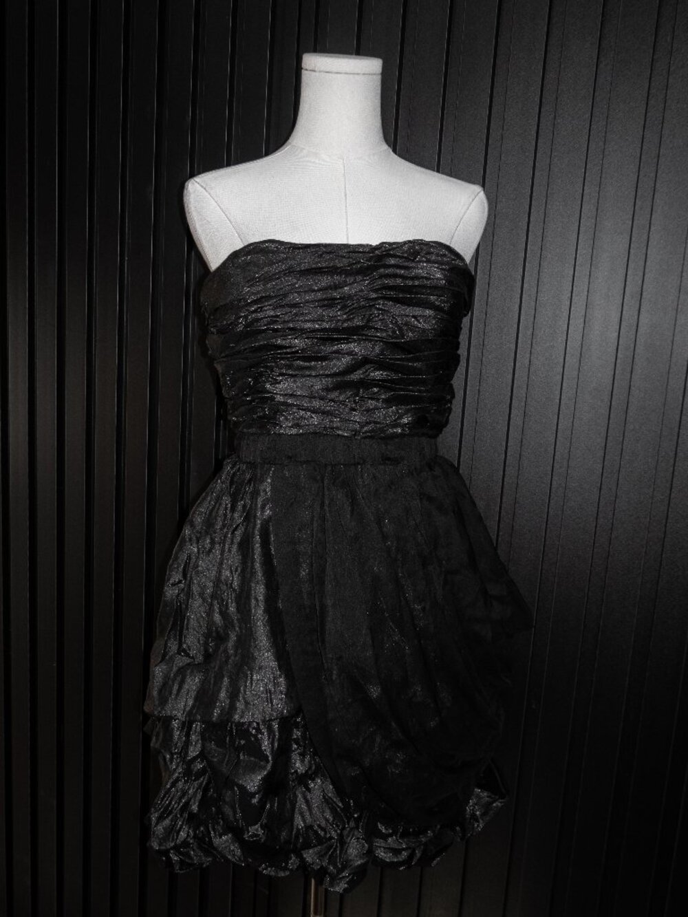 Black Metallic Strapless Ruched Bodice Bubble Hem Mini Dress